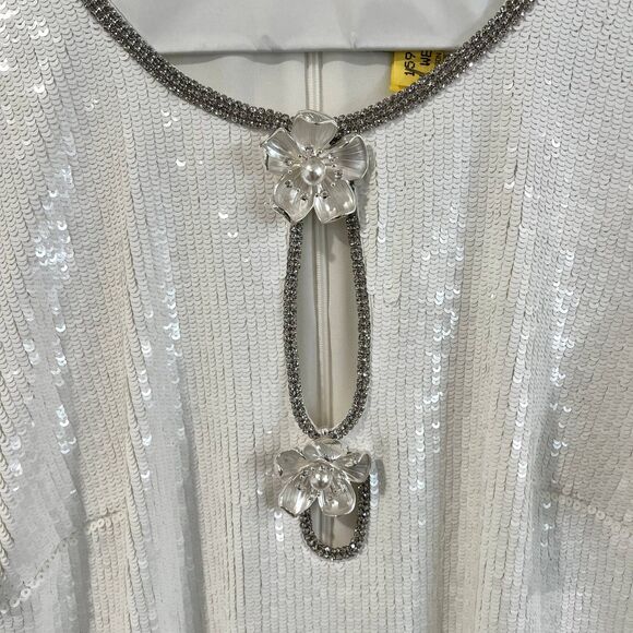 Self-Portrait White Sequin Mini Dress Flower Rhinestone - Picture 4 of 13